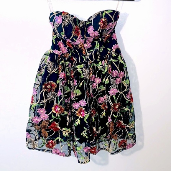NWOT Fashion Nova Floral Sequins Bustier Top Strapless Babydoll Dress - Picture 3 of 16